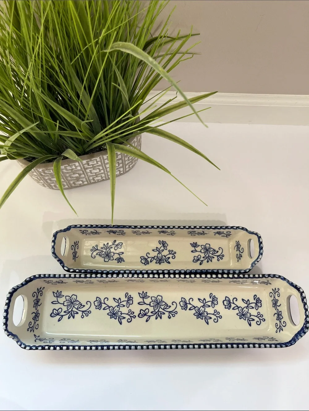 Temptations-Blue and White Floral Ceramic Serving Trays - Set of 2